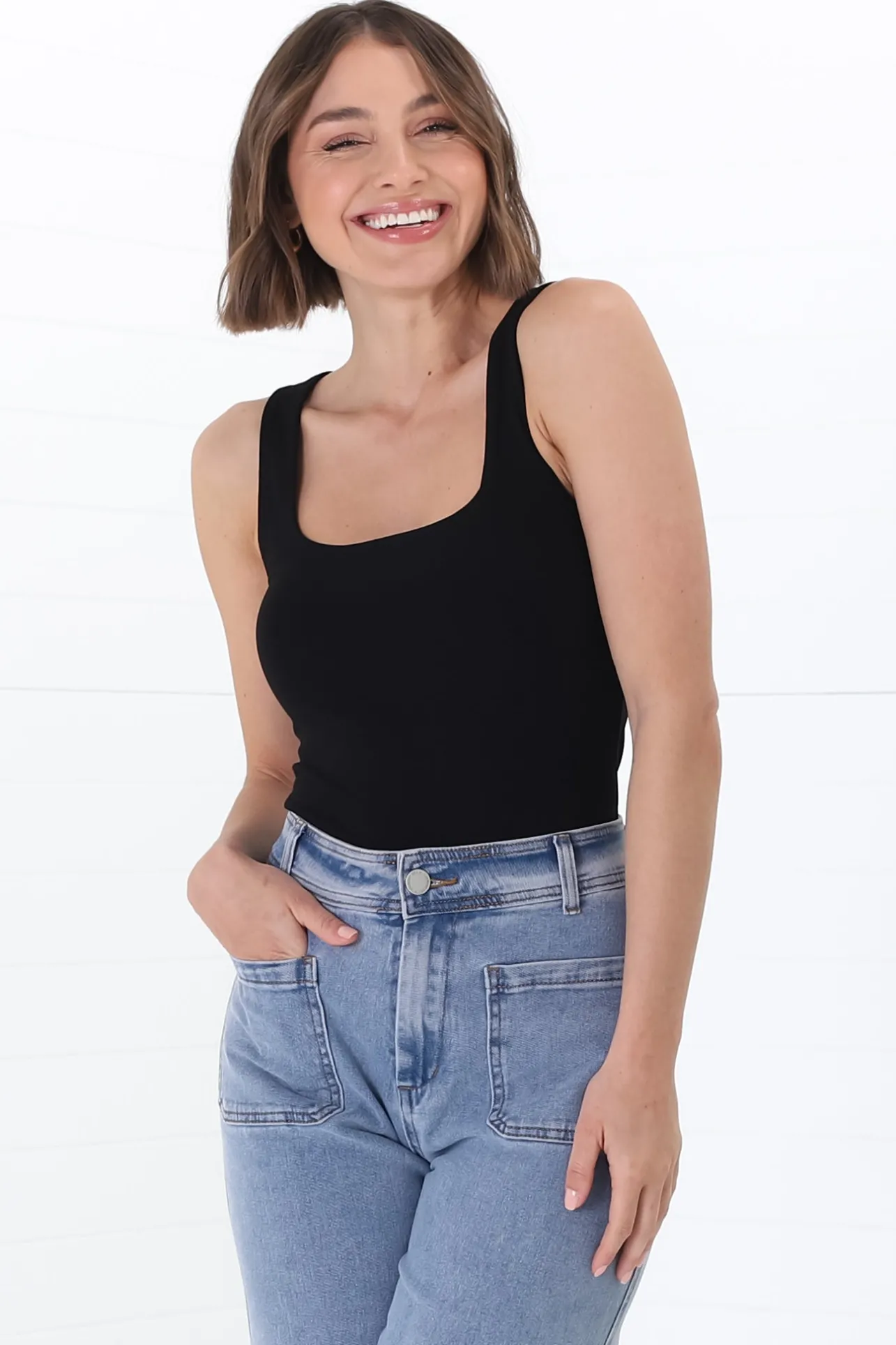 Edie Singlet - Square Neckline Double Layered Singlet in Black>Salty Crush