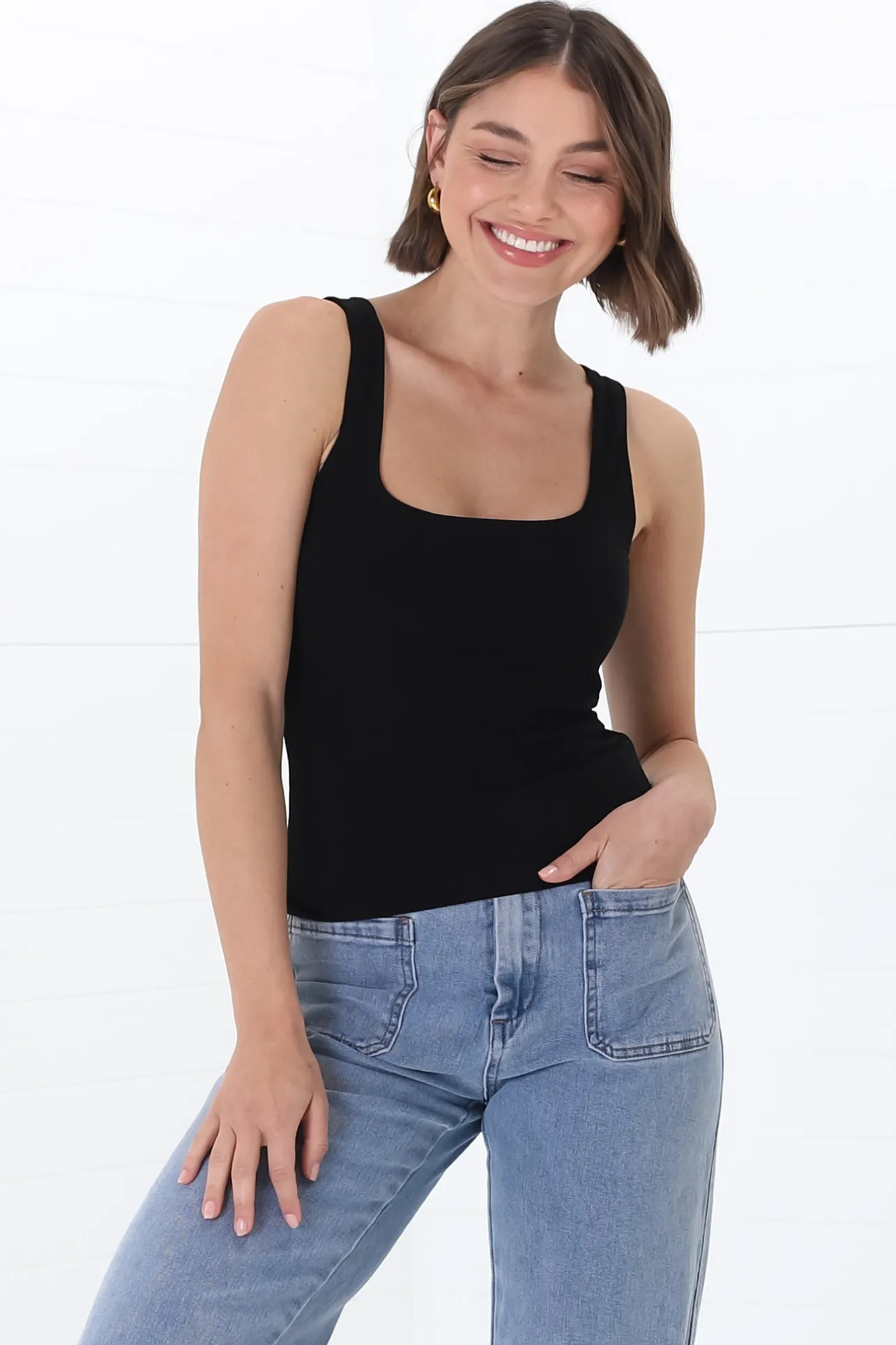 Edie Singlet - Square Neckline Double Layered Singlet in Black>Salty Crush