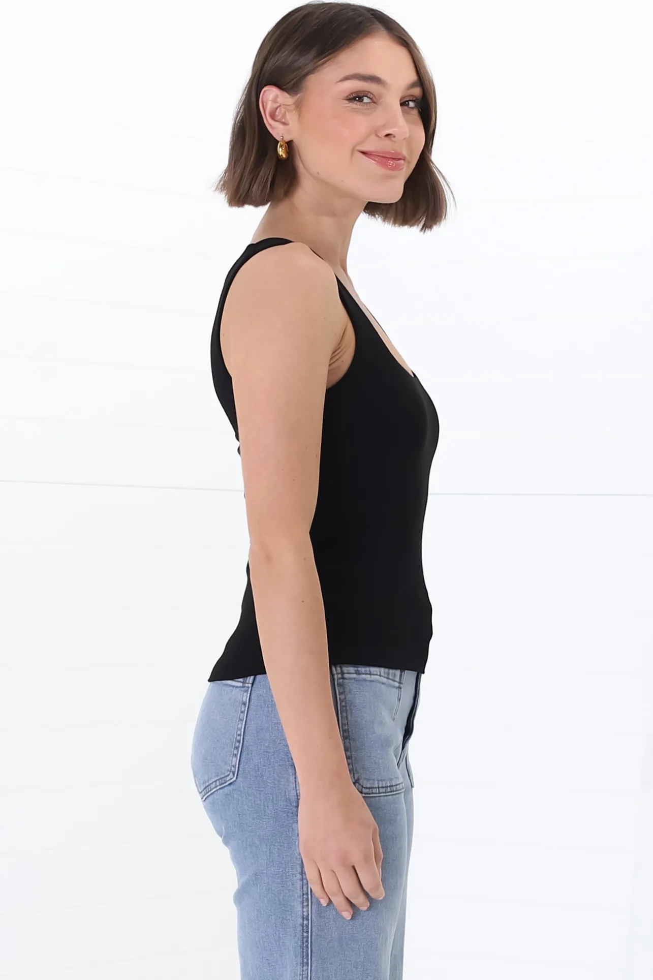 Edie Singlet - Square Neckline Double Layered Singlet in Black>Salty Crush