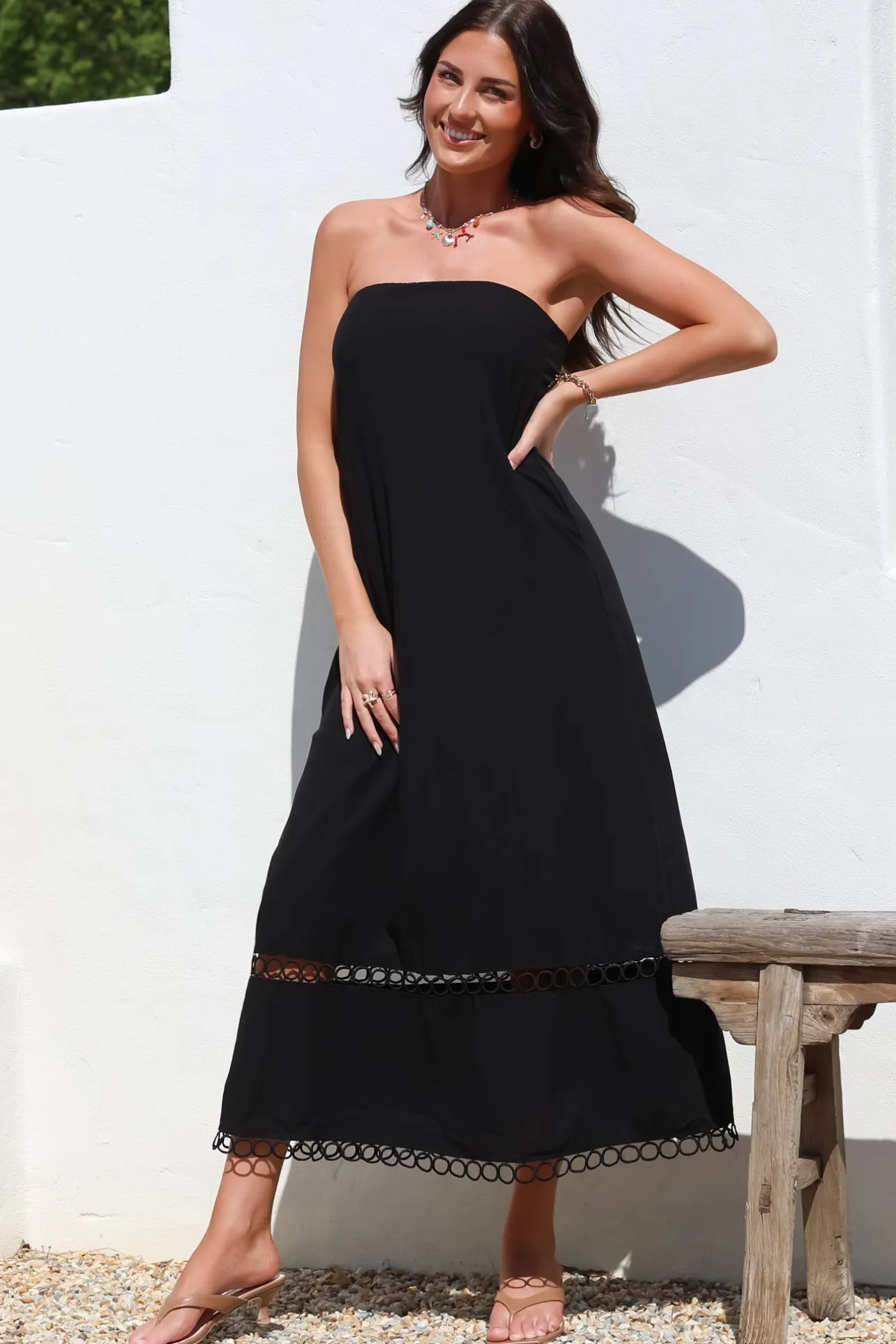 Edna Maxi Dress - Strapless A-Line Dress with Lace Insert and Trim in Black>Salty Crush Online