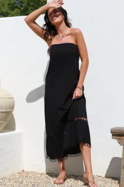 Edna Maxi Dress - Strapless A-Line Dress with Lace Insert and Trim in Black><noscript><img width=