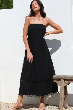 Edna Maxi Dress - Strapless A-Line Dress with Lace Insert and Trim in Black><noscript><img width=