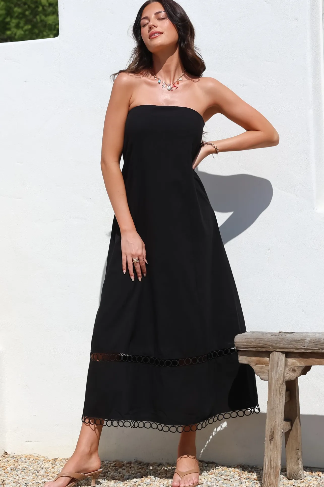 Edna Maxi Dress - Strapless A-Line Dress with Lace Insert and Trim in Black>Salty Crush Online