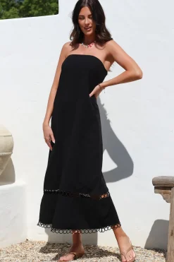 Edna Maxi Dress - Strapless A-Line Dress with Lace Insert and Trim in Black><noscript><img width=