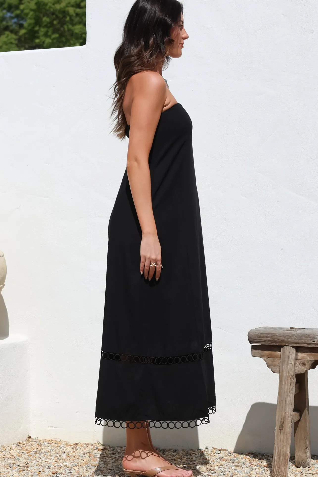 Edna Maxi Dress - Strapless A-Line Dress with Lace Insert and Trim in Black>Salty Crush Online