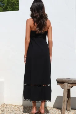 Edna Maxi Dress - Strapless A-Line Dress with Lace Insert and Trim in Black><noscript><img width=