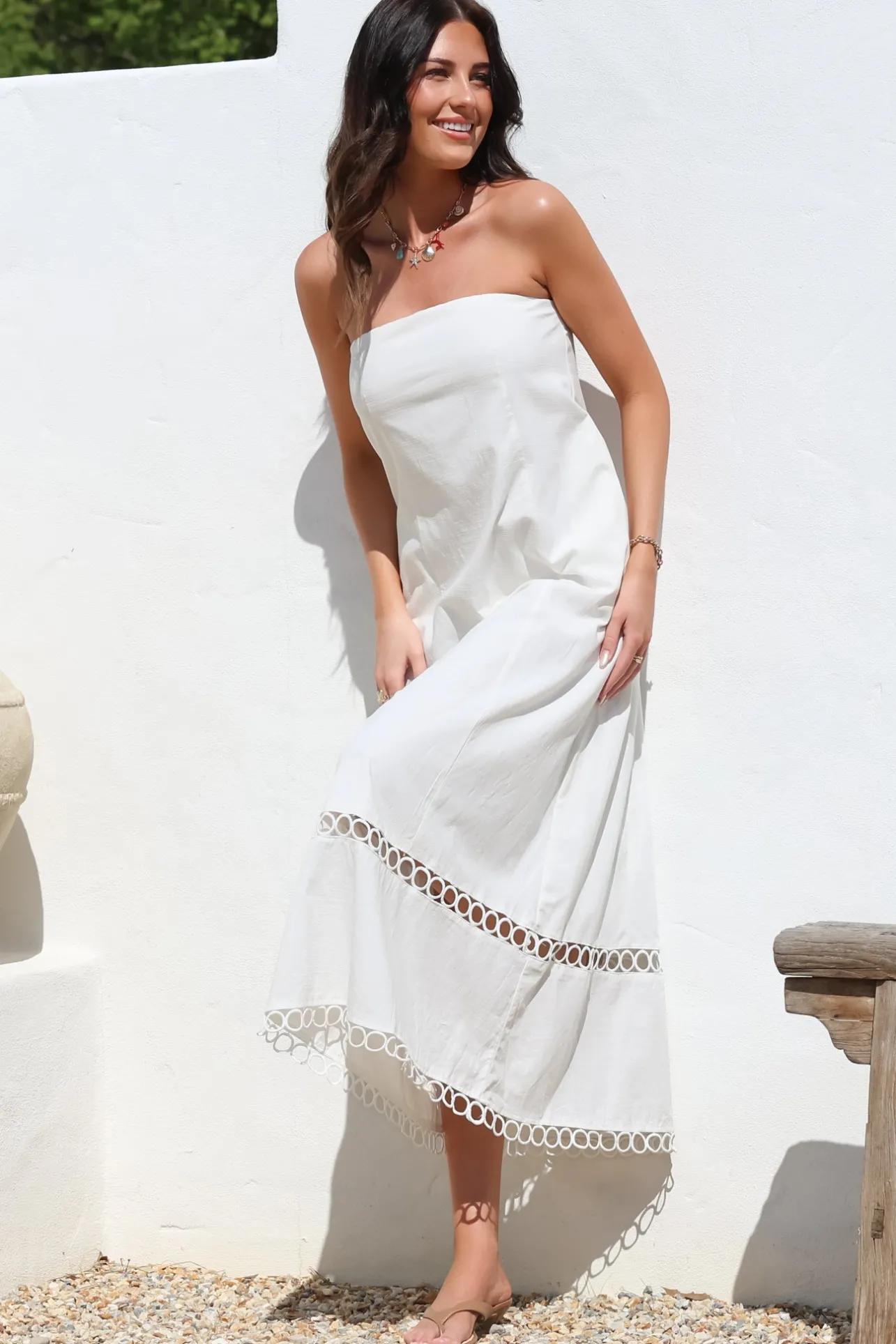 Edna Maxi Dress - Strapless A-Line Dress with Lace Insert and Trim in Cream>Salty Crush