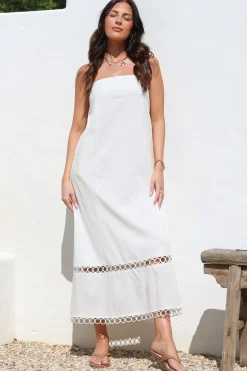 Edna Maxi Dress - Strapless A-Line Dress with Lace Insert and Trim in Cream><noscript><img width=