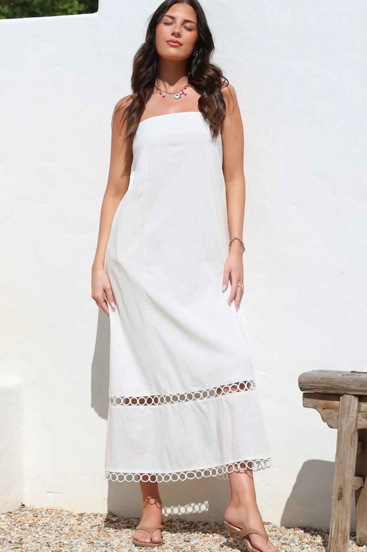 Edna Maxi Dress - Strapless A-Line Dress with Lace Insert and Trim in Cream>Salty Crush