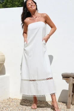 Edna Maxi Dress - Strapless A-Line Dress with Lace Insert and Trim in Cream><noscript><img width=