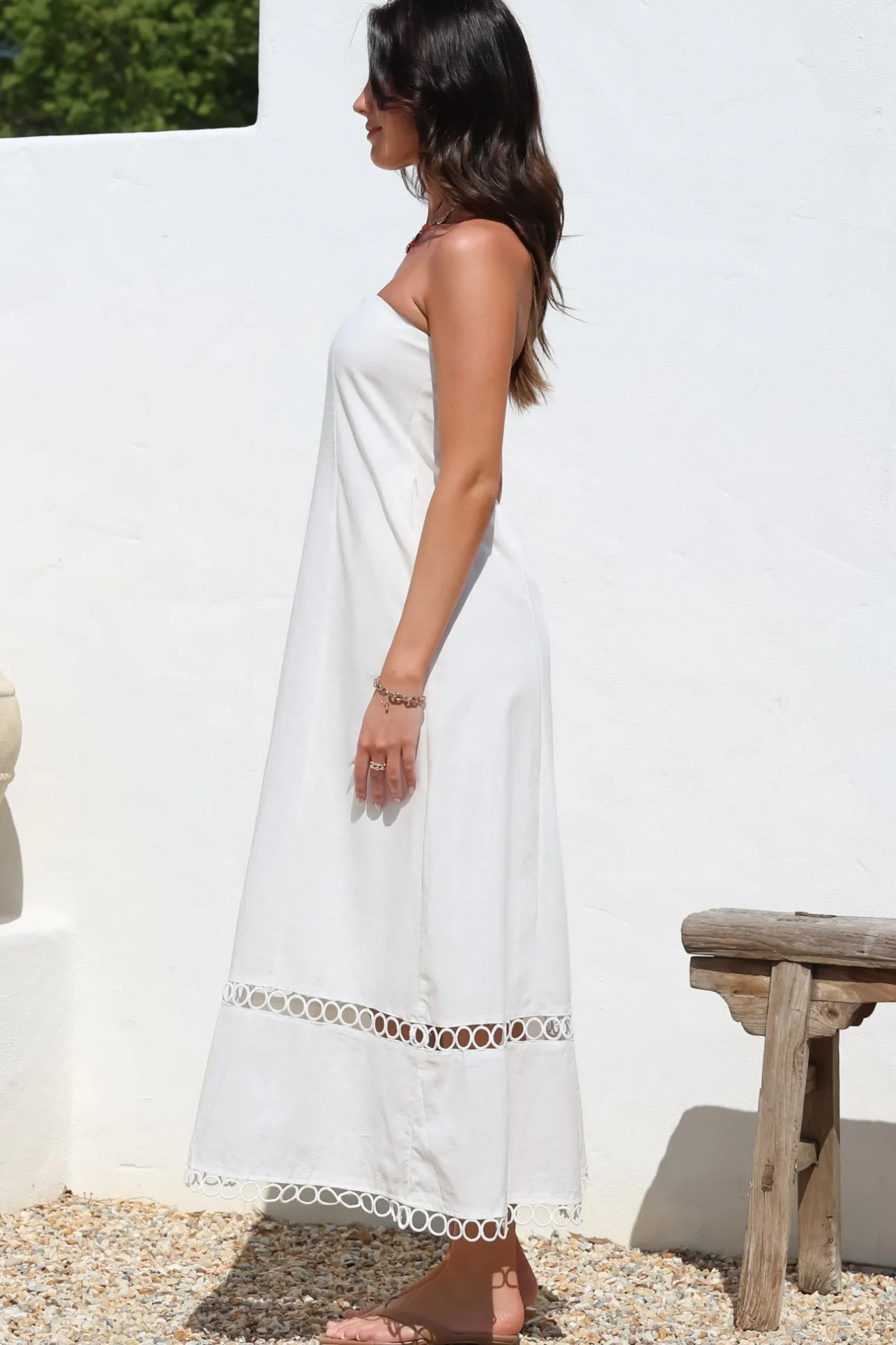 Edna Maxi Dress - Strapless A-Line Dress with Lace Insert and Trim in Cream>Salty Crush