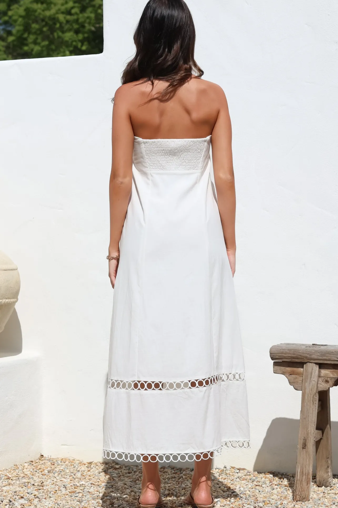Edna Maxi Dress - Strapless A-Line Dress with Lace Insert and Trim in Cream>Salty Crush