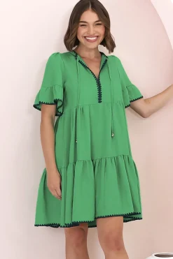 Eesha Mini Dress - Baby Doll Dress With Contrast Stitching Detailing in Green><noscript><img width=