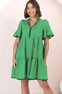 Eesha Mini Dress - Baby Doll Dress With Contrast Stitching Detailing in Green><noscript><img width=