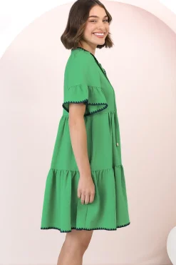 Eesha Mini Dress - Baby Doll Dress With Contrast Stitching Detailing in Green><noscript><img width=