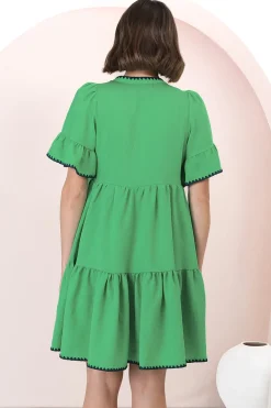 Eesha Mini Dress - Baby Doll Dress With Contrast Stitching Detailing in Green><noscript><img width=