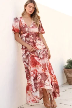 Elahe Maxi Dress - V Neck Tiered A-Line Dress with Puff Sleeves in Ashara Print><noscript><img width=