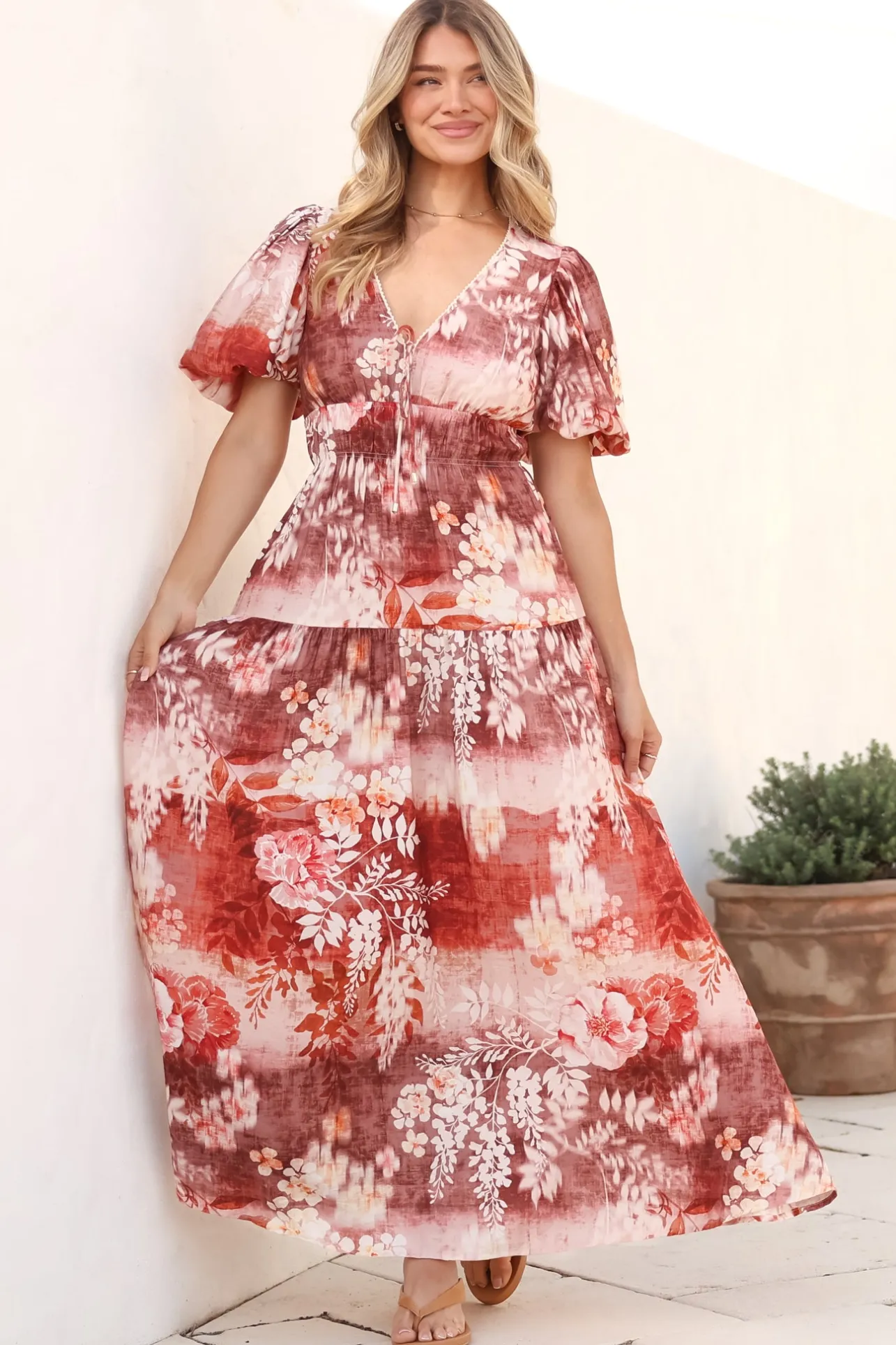 Elahe Maxi Dress - V Neck Tiered A-Line Dress with Puff Sleeves in Ashara Print>Salty Crush Discount