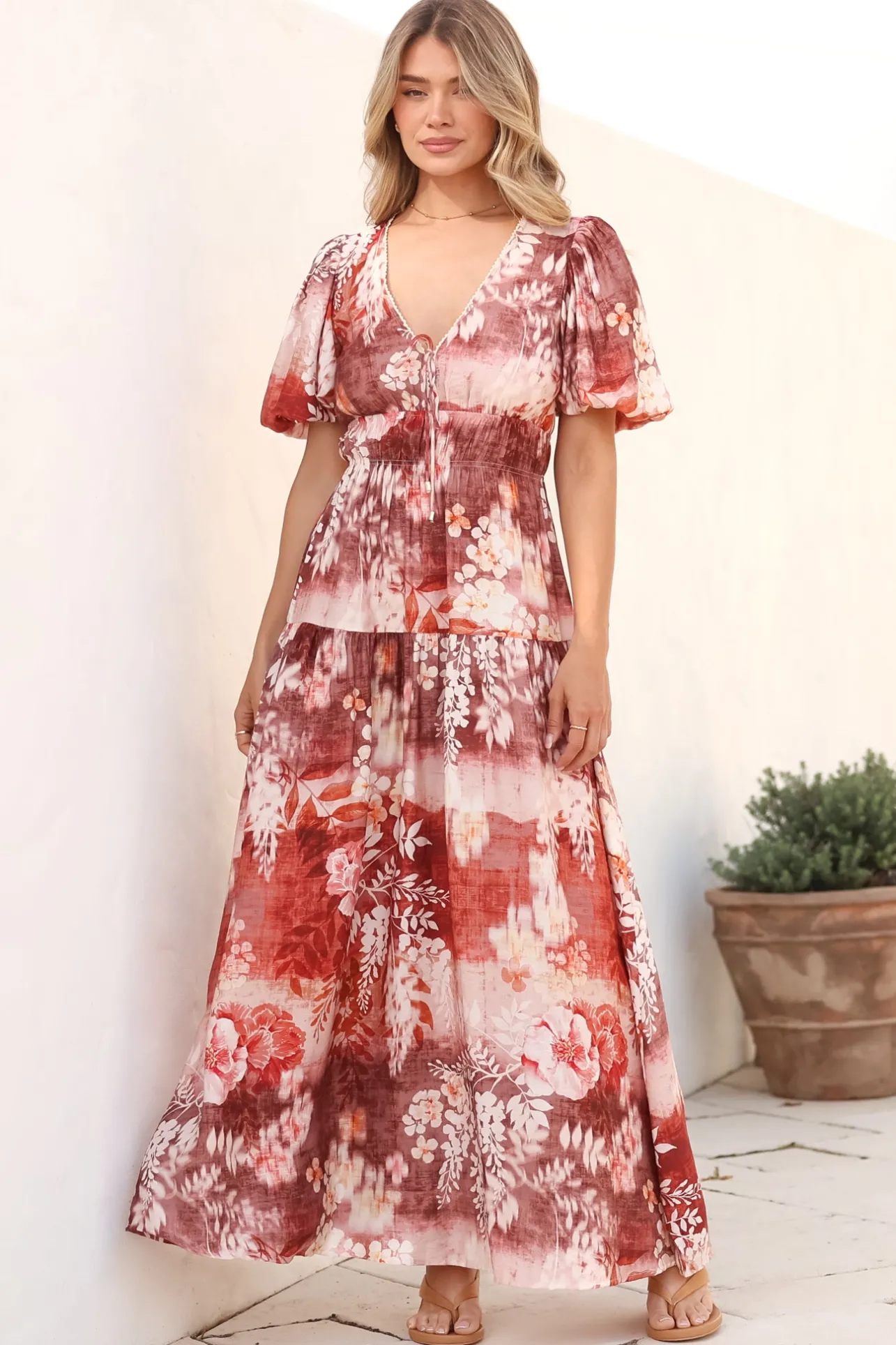 Elahe Maxi Dress - V Neck Tiered A-Line Dress with Puff Sleeves in Ashara Print>Salty Crush Discount
