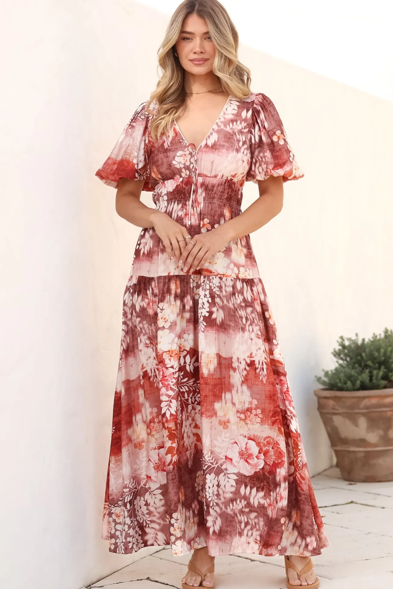 Elahe Maxi Dress - V Neck Tiered A-Line Dress with Puff Sleeves in Ashara Print>Salty Crush Discount