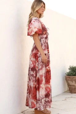 Elahe Maxi Dress - V Neck Tiered A-Line Dress with Puff Sleeves in Ashara Print><noscript><img width=