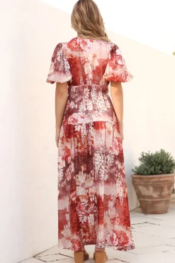 Elahe Maxi Dress - V Neck Tiered A-Line Dress with Puff Sleeves in Ashara Print><noscript><img width=
