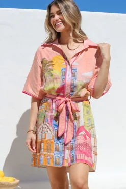 Elania Mini Dress - Collared Shirt Dress with Matching Belt in Tullia Print><noscript><img width=
