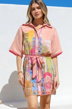 Elania Mini Dress - Collared Shirt Dress with Matching Belt in Tullia Print><noscript><img width=