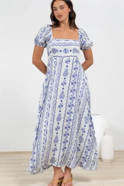 Elira Maxi Dress - Milkmaid Neckline A-Line Dress with Short Sleeves in Mabel Print><noscript><img width=