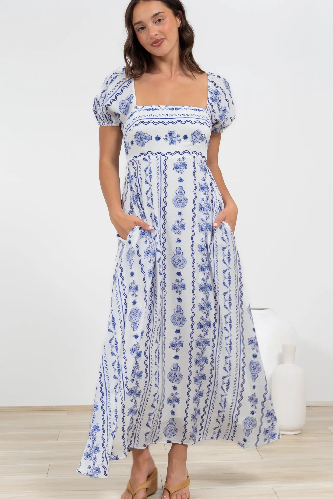 Elira Maxi Dress - Milkmaid Neckline A-Line Dress with Short Sleeves in Mabel Print>Salty Crush Discount