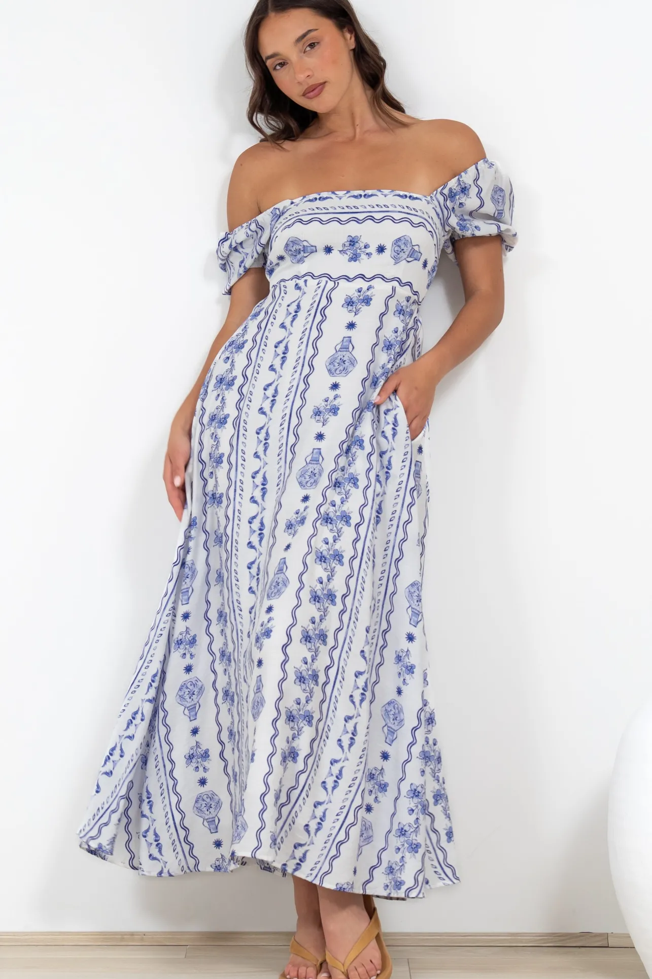 Elira Maxi Dress - Milkmaid Neckline A-Line Dress with Short Sleeves in Mabel Print>Salty Crush Discount