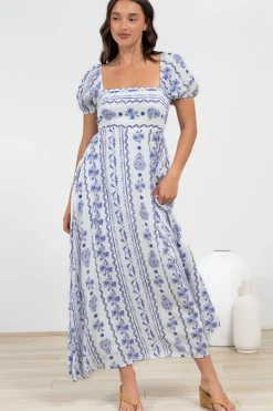 Elira Maxi Dress - Milkmaid Neckline A-Line Dress with Short Sleeves in Mabel Print><noscript><img width=
