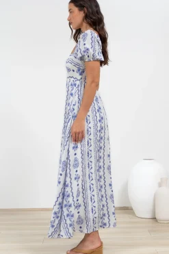 Elira Maxi Dress - Milkmaid Neckline A-Line Dress with Short Sleeves in Mabel Print><noscript><img width=