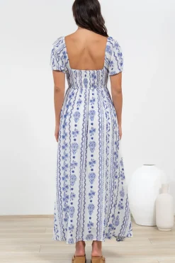 Elira Maxi Dress - Milkmaid Neckline A-Line Dress with Short Sleeves in Mabel Print><noscript><img width=