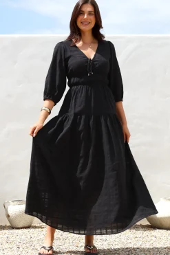 Elise Maxi Dress - Empire Waistline Dress with 3/4 Sleeves in Black>Salty Crush Best