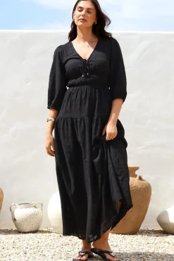 Elise Maxi Dress - Empire Waistline Dress with 3/4 Sleeves in Black>Salty Crush Best