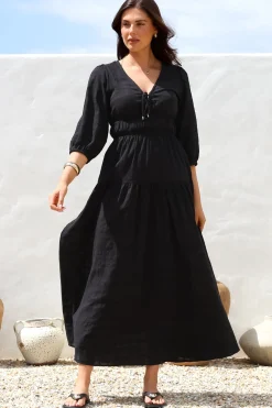 Elise Maxi Dress - Empire Waistline Dress with 3/4 Sleeves in Black><noscript><img width=