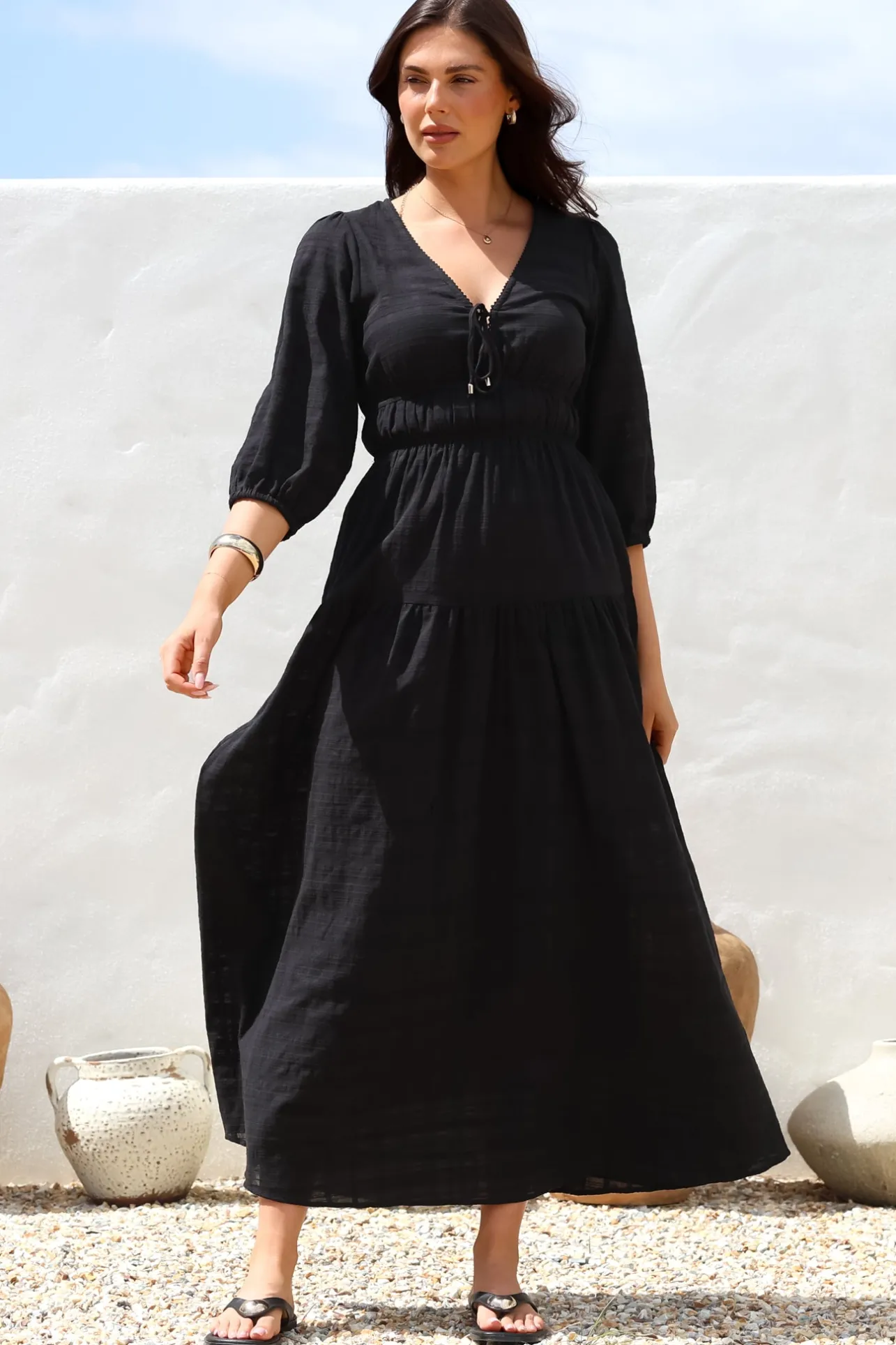 Elise Maxi Dress - Empire Waistline Dress with 3/4 Sleeves in Black>Salty Crush Best