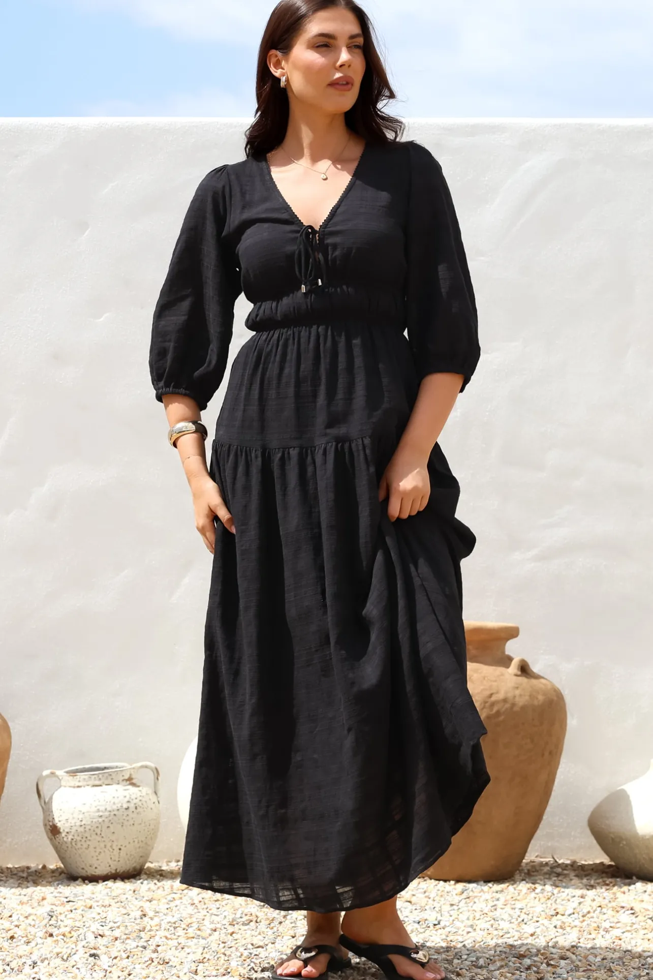 Elise Maxi Dress - Empire Waistline Dress with 3/4 Sleeves in Black>Salty Crush Best