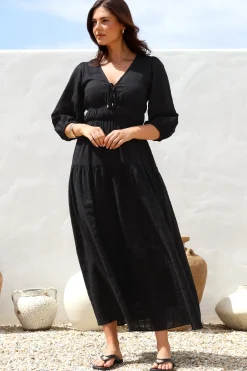 Elise Maxi Dress - Empire Waistline Dress with 3/4 Sleeves in Black><noscript><img width=