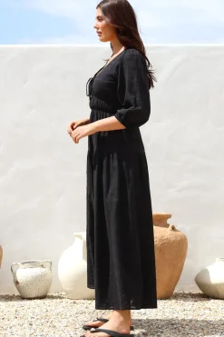 Elise Maxi Dress - Empire Waistline Dress with 3/4 Sleeves in Black><noscript><img width=