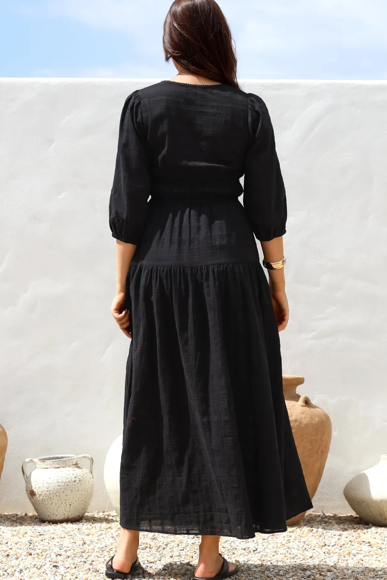 Elise Maxi Dress - Empire Waistline Dress with 3/4 Sleeves in Black>Salty Crush Best