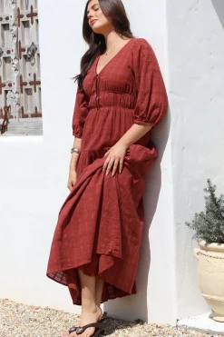 Elise Maxi Dress - Empire Waistline Dress with 3/4 Sleeves in Burgundy>Salty Crush