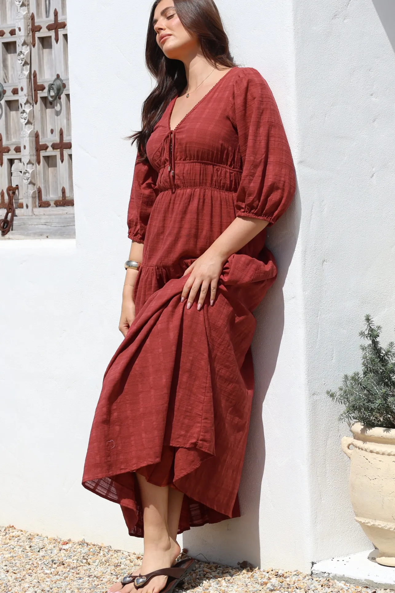 Elise Maxi Dress - Empire Waistline Dress with 3/4 Sleeves in Burgundy>Salty Crush