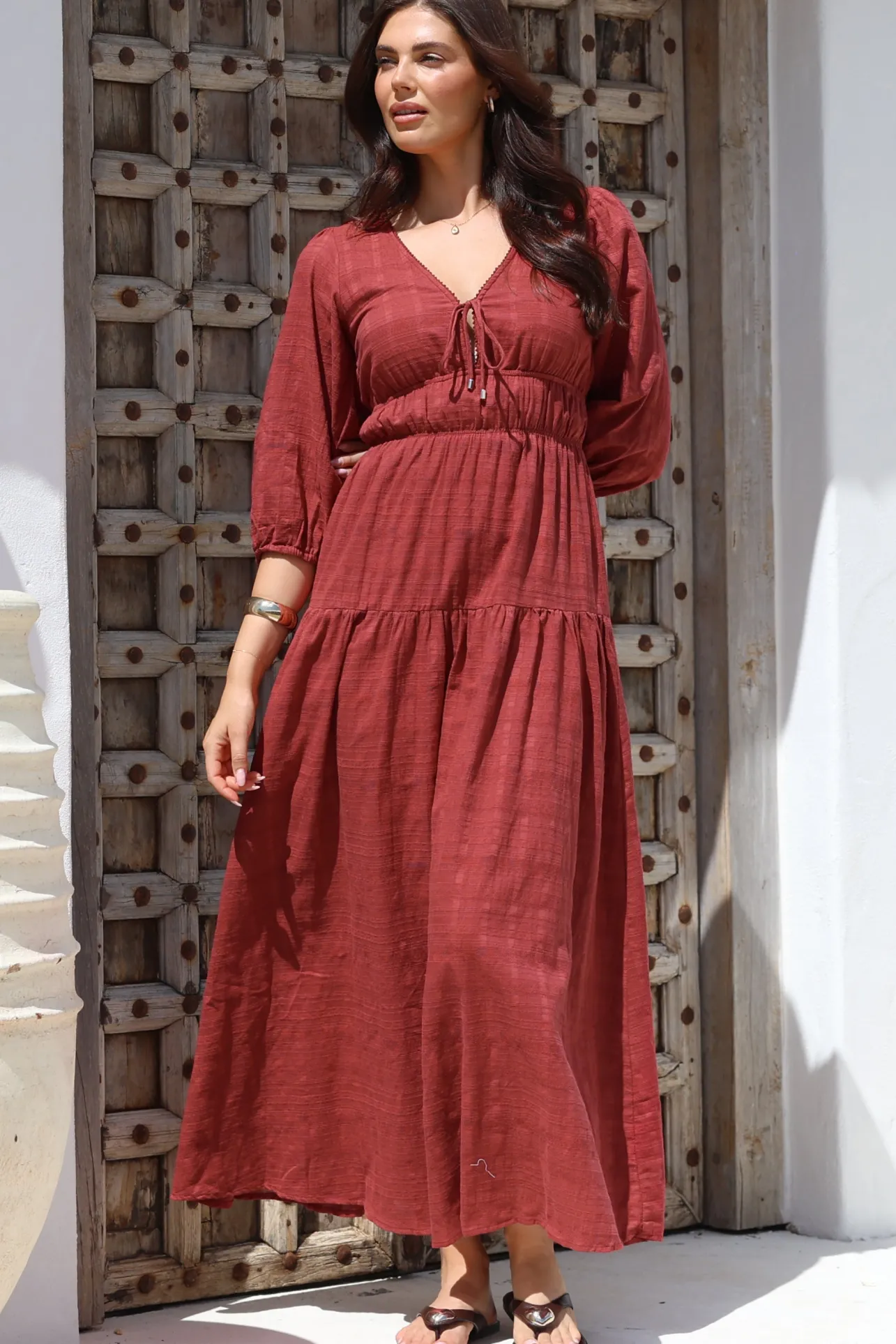 Elise Maxi Dress - Empire Waistline Dress with 3/4 Sleeves in Burgundy>Salty Crush