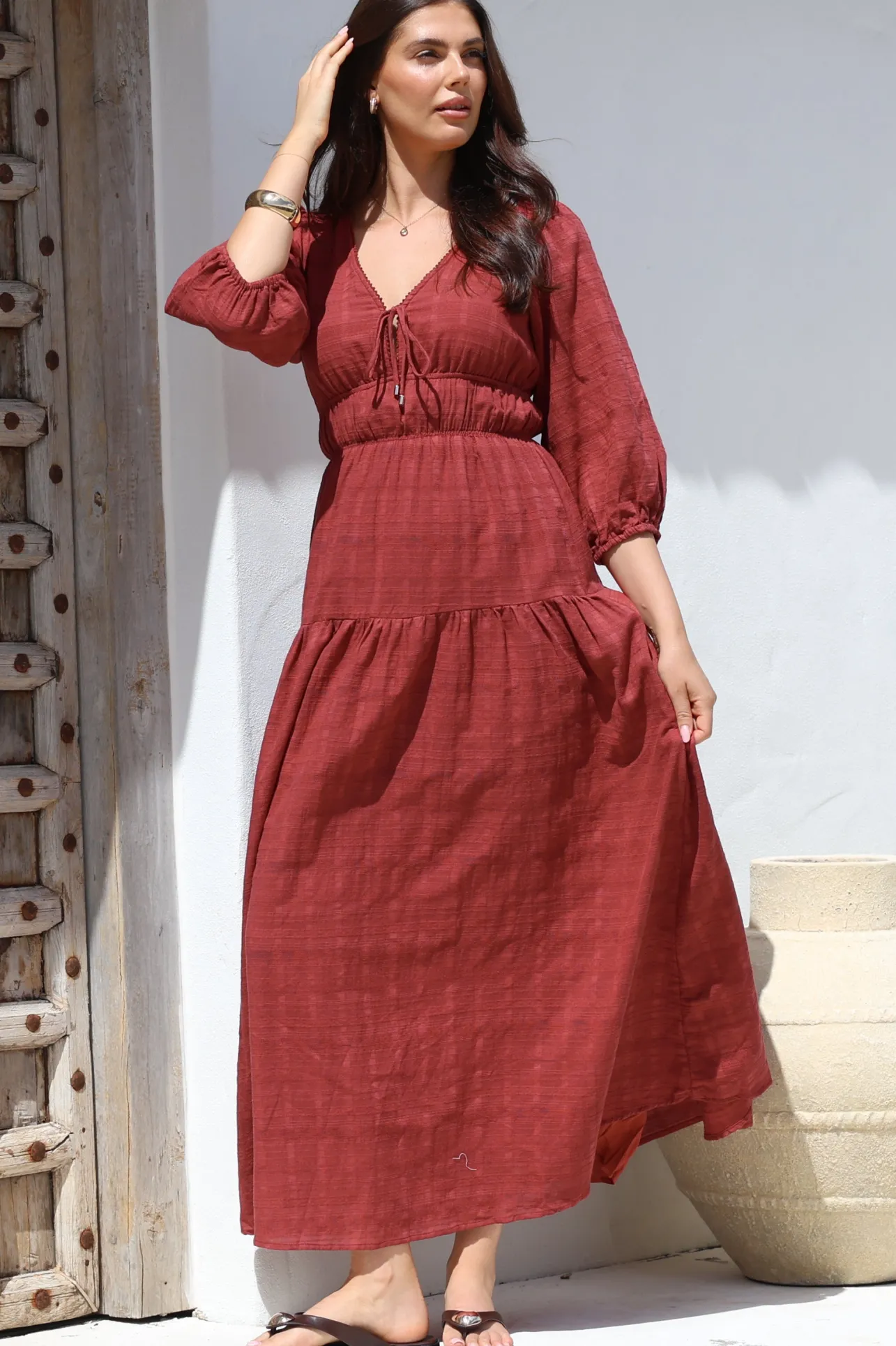 Elise Maxi Dress - Empire Waistline Dress with 3/4 Sleeves in Burgundy>Salty Crush