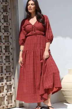 Elise Maxi Dress - Empire Waistline Dress with 3/4 Sleeves in Burgundy><noscript><img width=