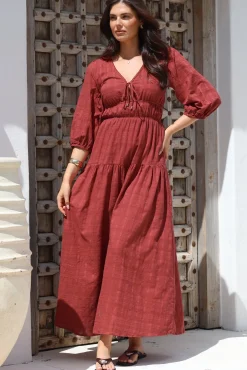 Elise Maxi Dress - Empire Waistline Dress with 3/4 Sleeves in Burgundy><noscript><img width=