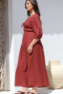 Elise Maxi Dress - Empire Waistline Dress with 3/4 Sleeves in Burgundy><noscript><img width=