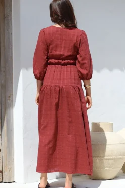 Elise Maxi Dress - Empire Waistline Dress with 3/4 Sleeves in Burgundy><noscript><img width=